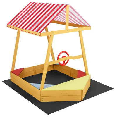 Produktbild von COSTWAY Sandkasten 103x135x140 cm, Schiff Sandkiste aus Tannenholz mit Dach,Steuerrad,4 Ecksitzen&Bodenplane,Sandbox Outdoor für Kinder ab 18 Monaten