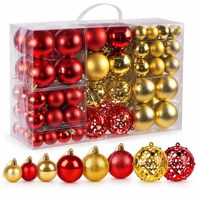Produktbild von Weihnachtskugeln Rot Gold Kunststoff 100er Set, Christbaumkugeln 3/4/6 cm, bruchsicherer Weihnachtsbaumschmuck Matt Glanz Seidenoptik