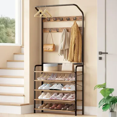 Image de Porte-manteau - Étagère à vêtements - Rangement de vêtements - Étagères réglables - Charge maximale : 80 kg - Marron, noir