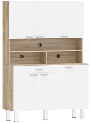 Immagine prodotto di Credenza da Cucina 120x40x175 cm con Ripiani Aperti 4 Armadietti e Cassetto in Legno e Metallo Bianco e Legno