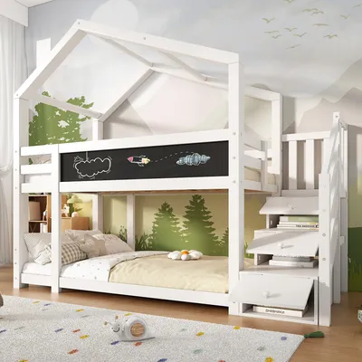 Produktbild von Etagenbett, 90x200 cm, Kinderbett mit 2 Schlafgelegenheiten und Lattenrost, Hausbett aus Kiefer, Hochbett inkl. Rausfallschutz