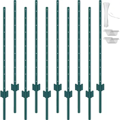 Produktbild von VEVOR 3 Fuß Zaunpfosten, 10er Pack U-Kanal Schwerlast-Metallzaunpfosten, Robuste Stahlzaunpfähle für Garten, Rasen, Bauernhöfe und Außen-Drahtzaun, Grün, 10 Stück - 4 ft