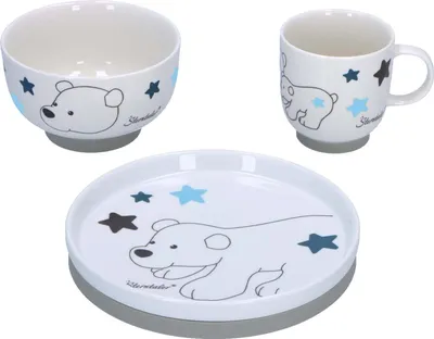 Zdjęcie produktu dla Zestaw obiadowy dla dzieci marki Sterntaler, model 6982210, kolor biały, wykonany z porcelany i silikonu, odpowiedni dla chłopców i dziewczynek