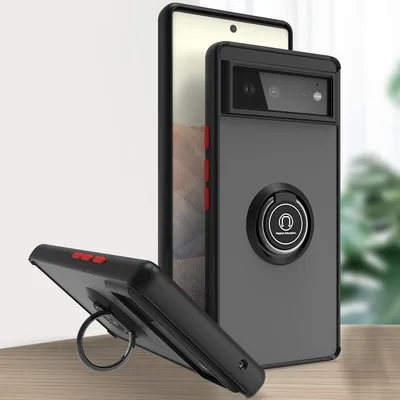 Produktbild von Google Pixel 6 Hülle, Ring Halter Ständer Matte Transluzent TPU Rahmen Stoßfest Schutzhülle für Google Pixel 6 Dunkelgrau