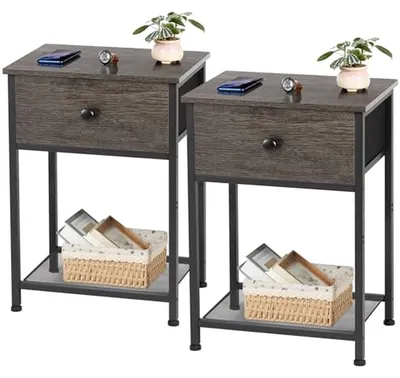 Image de Ensemble de tables de chevet - Tables d'appoint - Rangement pour chambre - Avec tiroir et étagère - Hauteur : 55 cm - Gris foncé