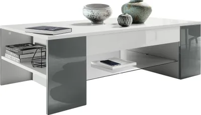 Produktbild von Vladon Couchtisch Clip,  Germany, Wohnzimmertisch mit 2 Seitenfächern und 1 Glasplatte, Weiß matt/ Grau Hochglanz (118 x 37 x 60 cm)