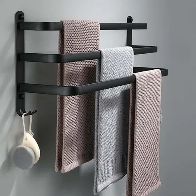 Obrázek produktu pro Držák na ručníky, černý, 60 cm, hliník, matný povrch, bez nutnosti vrtání nebo lepení
