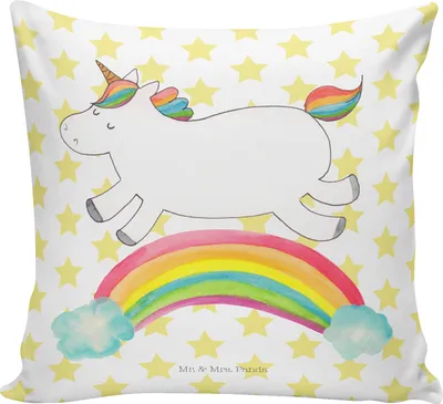Produktbild von Mr. & Mrs. Panda Sofakissen Einhorn Regenbogen - Weiß - Geschenk, Erwachsenwerden, kuschelkissen 40x40, Kissen, bedruckt, Kuschel, Einhornpower, Dekokissen, Unicorn, Sofa