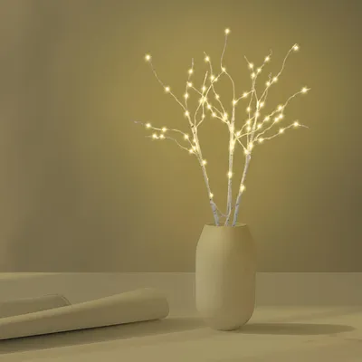 Produktbild von Ikodm Leuchtzweige LED 50 cm, 70 warmweiße LEDs mit Timer, flexible weiße Dekozweige für Vase, Wohnzimmer und Fensterbank