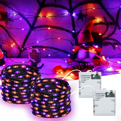 Imagen del producto de Guirnalda de luces para Halloween: juego de 2 unidades, 4 modos de funcionamiento, 5 metros de longitud, 50 luces LED, color naranja y púrpura, con temporizador, funciona con pilas, ideal para fiestas