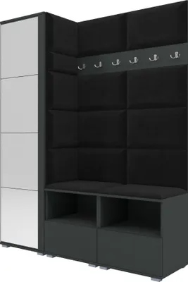 A modern hallway furniture set with a mirrored cabinet, upholstered wall panels, a bench, and storage compartments.