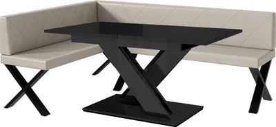 Produktbild von MEBLINI Eckbank für Esszimmer mit ausziehbarem Tisch  - Küchenbank - Essecke - Sitzecke Küche - ERIC - X-Beine 142x196x87cm Links - Beige Kunstleder/B Schwarz Hochgl.