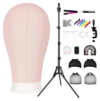 Produktbild von Perückenständer 58 cm - Mannequin Kopf 22 Zoll - Perückenhalter - Perückenkappen - Tischklemme - T-Pins - Hochwertiges Canvas/Polyurethan
