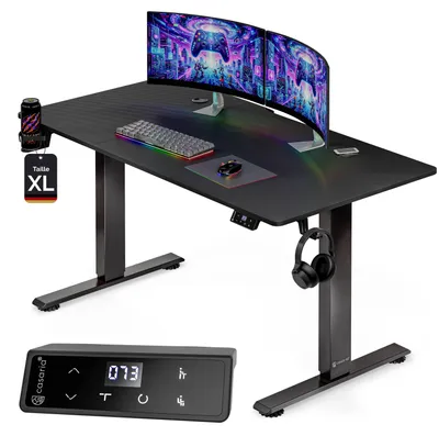 Image de CASARIA® Bureau électrique réglable en hauteur aspect carbone 160 x 70 cm écran LCD 72 - 117 cm bureau assis debout structure résistante ajustable porte gobelet chargeur sans fil