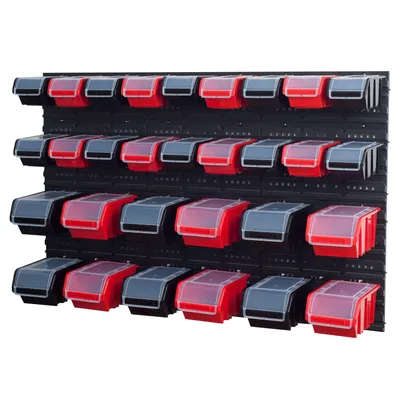 Produktbild von Stapelboxen Wandregal Sichtlagerkästen 6 x Wandregal Lagersystem 30 Boxen schwarz und rot