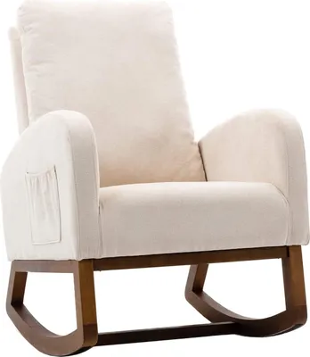 Obrázek produktu pro Fortuna Lai houpací křeslo Mid-Century Modern Nursery Rocking Chair Upholstered High Back Accent Glider Rocker for Living Room,Solid Wood Frame, High Quality Fabrics (Beige)