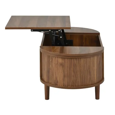 Produktbild von Merax Ovaler Couchtisch aus MDF mit Massivholzbeine, höhenverstellbare Wohnzimmertisch, Sofatisch mit Stauraum und Klappdeckel, Vintage Nussbaum