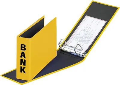 A yellow binder with the word "BANK" printed vertically on its spine, shown open with a document inside.