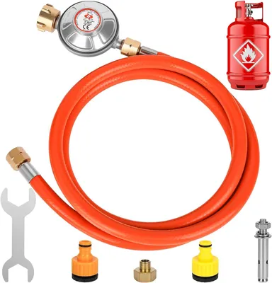 Produktbild von Gasdruckregler 50 mbar, 150 cm Schlauch, 1/4"-19 LH Gewinde, für Camping