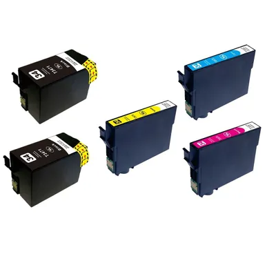 A collection of five ink cartridges arranged diagonally on a white background.