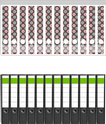 Produktbild von Wallario 12 Stück schmale Ordner inkl. Klebeetiketten mit Motive Muster mit grünen und rosa-farbenen Blüten -  Set mit Rückenschildern / Ordnerrücken Stickern