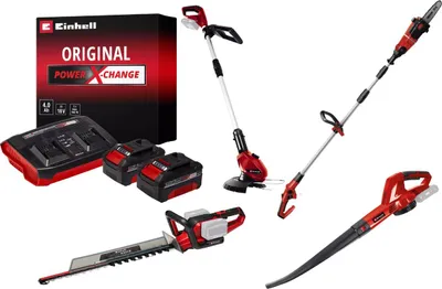 Image de Kit jardin sans fil Einhell – Coupe-bordure - souffleur - taille-haies - ébrancheur + 2 batteries 4.0Ah