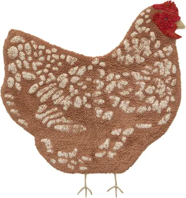 A brown and beige chicken-shaped rug is shown against a white background.