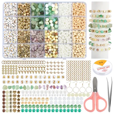 Produktbild von Gemischte Edelstein Perlen Set - 1446 Stück mit Holzperlen und Buchstabenperlen - Schmuckherstellung für Armbänder