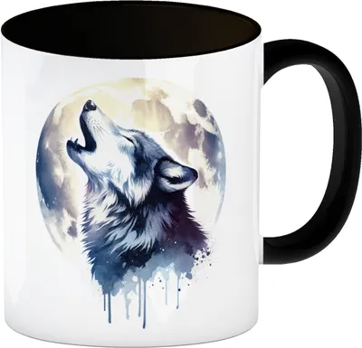 Produktbild von Wolf im Mondschein Kaffeebecher in schwarz