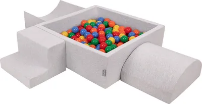 Produktbild von KiddyMoon spielplatz aus schaumstoff mit quadrat bällebad (200 bälle) ballgruben für babys spielbad hindernisläufen, hergestellt in der eu, hellgrau:gelb/grün/blau/rot/orange