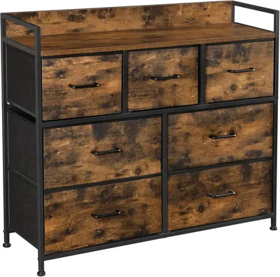 Produktbild von Holz-Schubladenschrank – 7 Schubladen, industrieller Stil – Metallrahmen – Schubladen aus Stoff – Braun