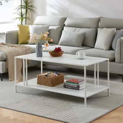 A living room scene with a couch and coffee table.