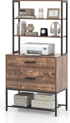 Produktbild von KOMFOTTEU 3 Ebene Bücherregal mit 2 Schubladen, Standregal mit Kippsicherung, Bücherschrank aus Holz & Metall, Stauregal Büroschrank Ordnerschrank für Wohnzimmer, Büro, 75 x 40 x 156 cm (Braun)