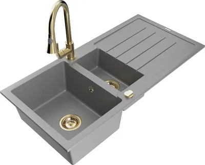 Produktbild von Mexen Andres 1,5-Becken-Granitspüle mit Abtropffläche und Mischbatterie Elia, Grau - 6515-71-670101-50