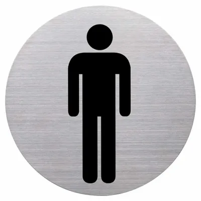Produktbild von Hinweisschild „WC-Herren“ aus gebürstetem Edelstahl, Ø 115 mm, selbstklebend