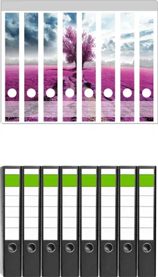 Produktbild von Wallario 8 Stück schmale Ordner inkl. Klebeetiketten mit Motive Surreales Blumenfeld  lila Blumen auf dem Feld -  Set mit Rückenschildern / Ordnerrücken Stickern