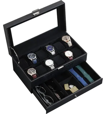 Produktbild von Uhrenbox mit 12 Fächern, 2 Ebenen, Glasdeckel, Eidechsenschwarz
