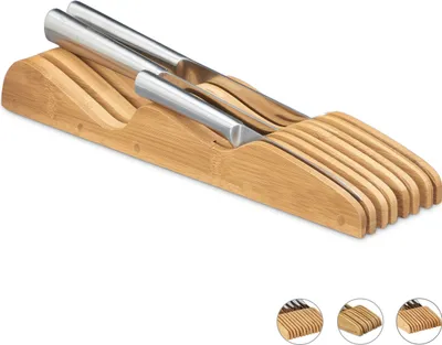 Produktbild von Relaxdays Messerblock Schublade, ohne Messer, liegend, Bambus, für 7 Messer, HBT: 5x9,5x40 cm, Schubladeneinsatz, natur