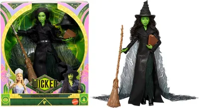 Produktbild von WICKED Elphaba Deluxe Puppe, 29 cm, mit ikonischem Zubehör, strukturiertem, schimmerndem Kleid, für Kinder und Sammler