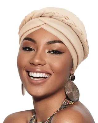 Produktbild von Damen Turban mit Zopf Muster Kopfbedeckung Chemo Mütze Kopfwickel Schlafmütze Polyester 1 Stück