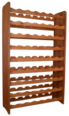 A wooden wine rack with multiple shelves.