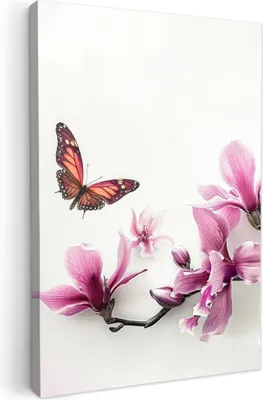 Obrázek produktu pro OneMillionCanvasses® - Obraz na plátně - Květina - Motýl - Růžová - Příroda - Bílá, nástěnná malba, nástěnné dekorace obrazy obývací pokoj, 80x120cm