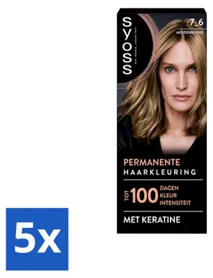 Productafbeelding van 5 x Syoss Permanente Haarkleuring 7-6 Mediumblond met Keratine - Voordeelverpakking - 5 stuks