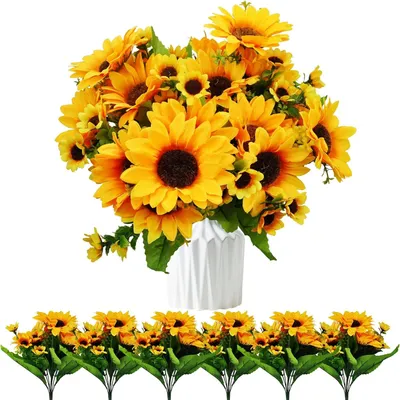 Produktbild von ROLLWAY 4 Bündel Kunstblumen Deko Balkon Künstliche Blumen 52 Sonnenblumen Seidenblumen wie echt Fake Sunflower Pflanzen Herbstblumen Blumendeko für Aesthetic Deko Hochzeit Garten (13 Köpfe/Bündel)