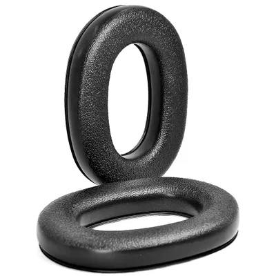 Two black ear pads for headphones are stacked on a white background.