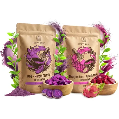 Produktbild von Mary Rose - Purple, Pink Matcha Tee Ube, Drachenfrucht Pulver 2x50g - Lila Yamswurzel - Koffeinfrei - Für Latte, Gebäck - Lebensmittelfarbstoff