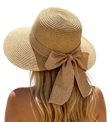 Immagine prodotto di Cappello di paglia da donna con fiocco, tesa larga di 10,5 cm, circonferenza regolabile da 56 a 58 cm, cappello da spiaggia per proteggersi dal sole
