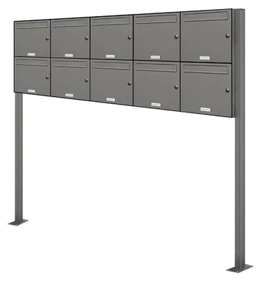 Produktbild von 10er Standbriefkasten in Aluminiumgrau RAL 9007 als 10-Fach Briefkastenanlage DIN A4 im modernen Design