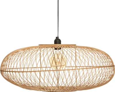 A hanging lamp with a woven bamboo shade and a visible light bulb.