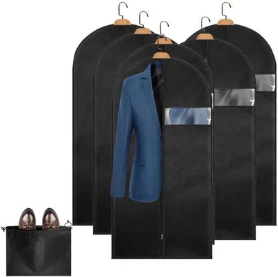 Image de Ensemble de 6 housses de vêtements respirantes et imperméables Unyqoos®, avec fenêtre transparente, ouverture pour cintre, sac à chaussures, protection de 125 g/m² pour costumes et vestes